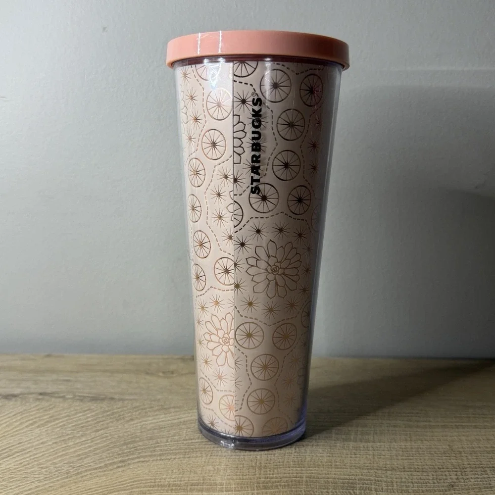 Starbucks Tumbler 24‎ oz Venti Cold Cup Pink Gold Floral Succulent Geometric Lid